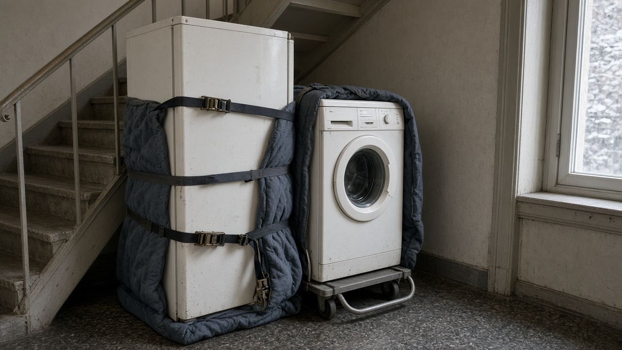 Kjøleskap og vaskemaskin stroppet og pakket i flyttetepper nederst i en trappeoppgang