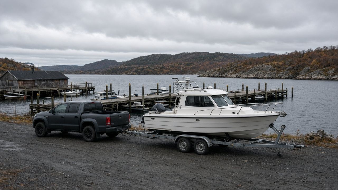 Motorbåt på båthenger bak en pickup ved en liten marina