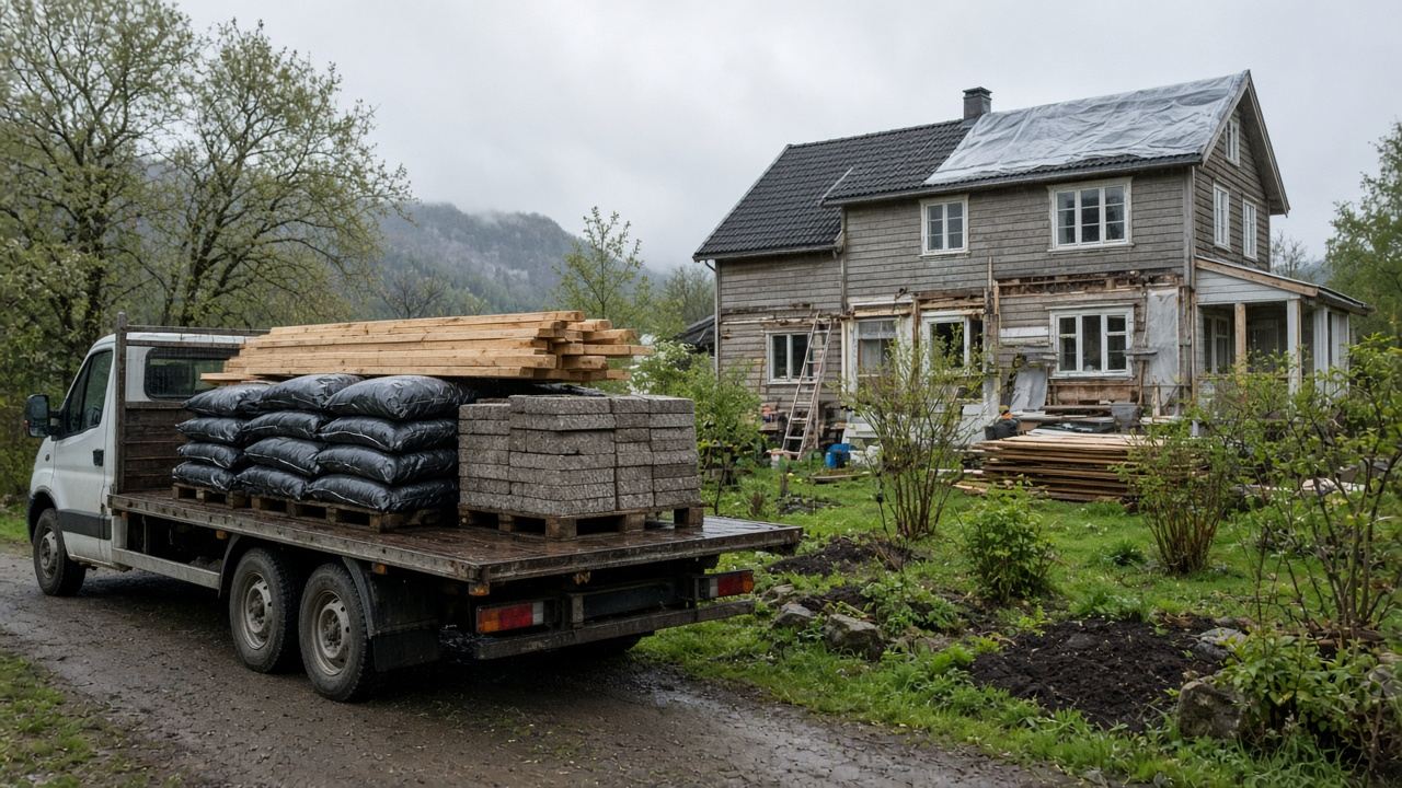 Lastebil med planker, jordsekker og belegningsstein foran et hus under oppussing