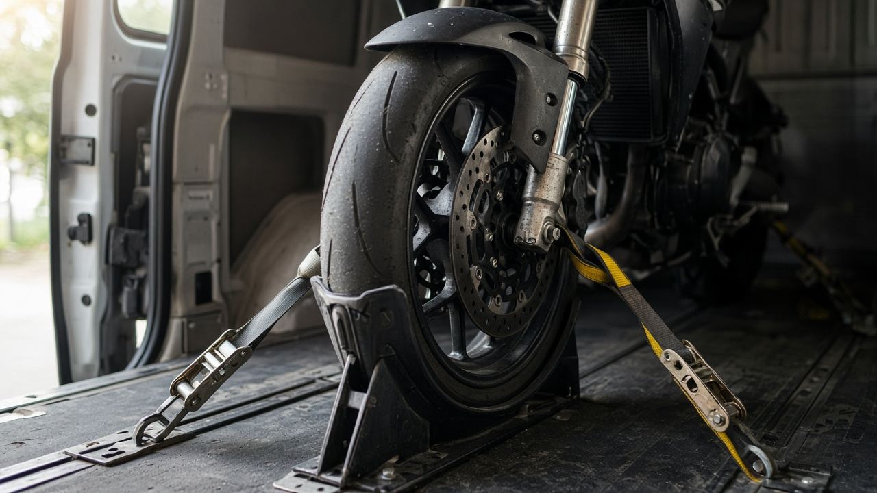 Forhjulet på en motorsykkel låst i hjulklemme og stroppet til gulvskinner i en varebil