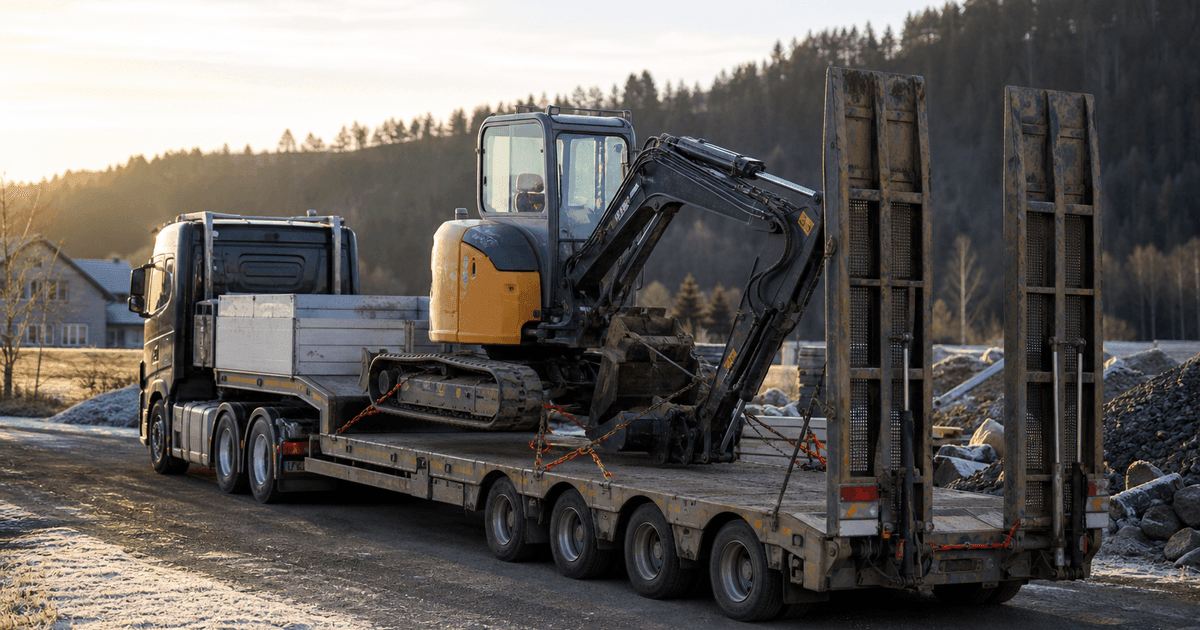 Gravemaskin sikret med kjetting på en lavbygger