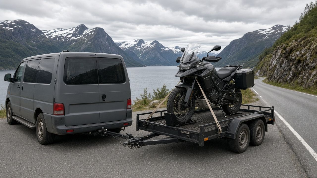 Motorsykkel stroppet fast på en åpen henger ved en fjordvei