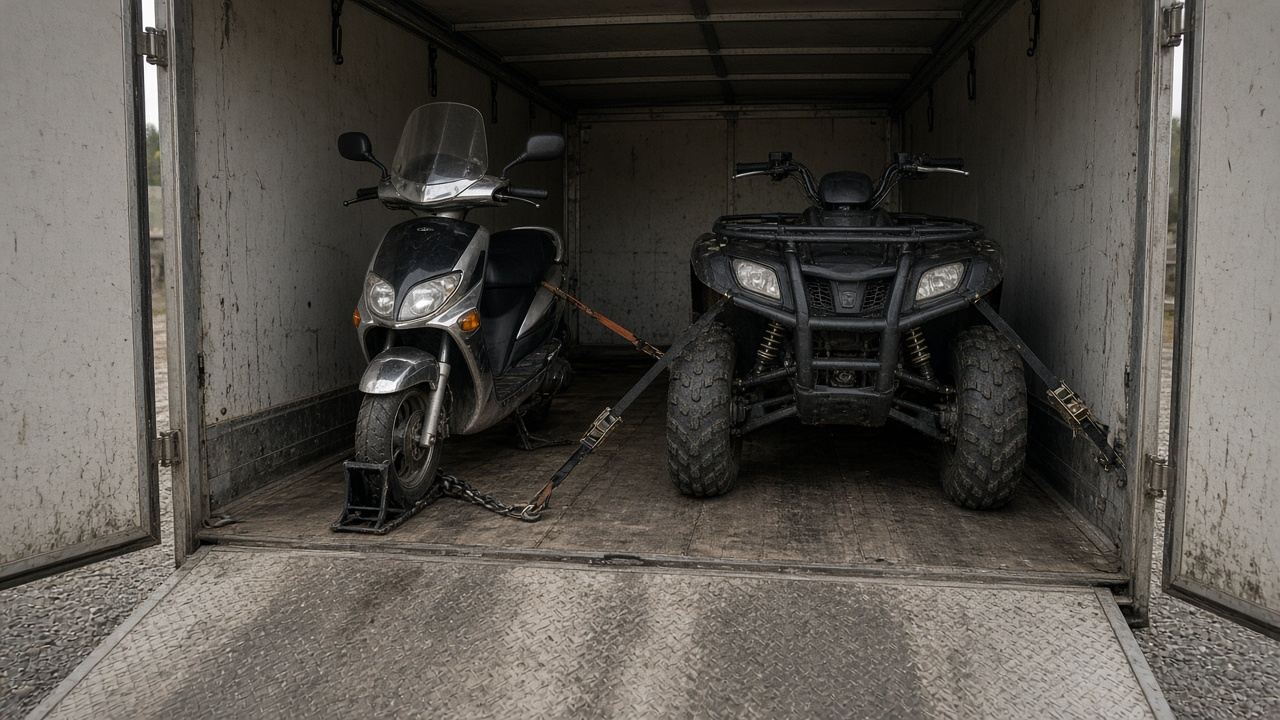 Moped og ATV stroppet fast side om side i en lukket henger