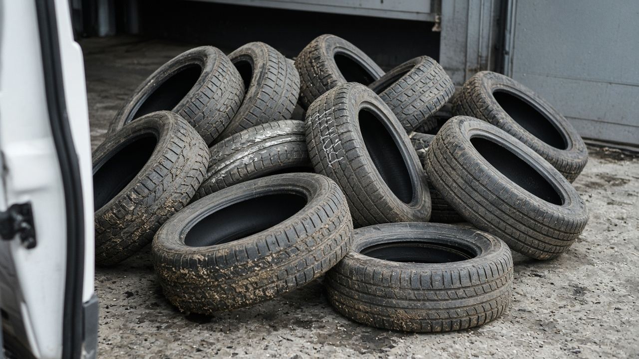 Brukte bildekk stablet ved en åpen varebil, klare for henting