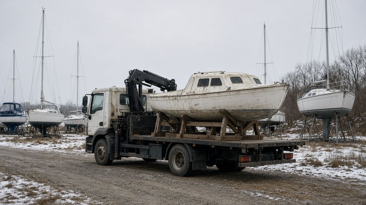 Seilbåt uten mast på båtbukk på lasteplanet til en kranbil i et båtopplag