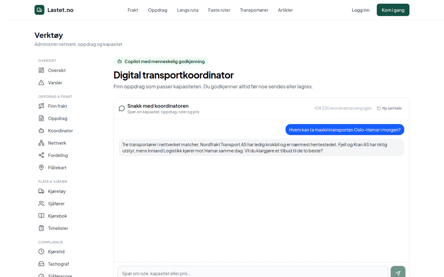 AI-koordinator som foreslår underleverandører til et transportoppdrag